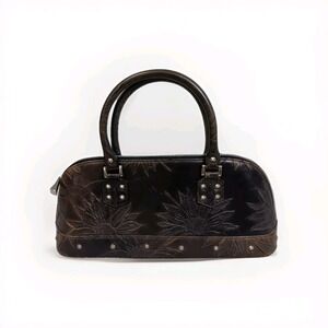 Besso Black Brown Leather Satchel Handbag Embossed Sunflower Tooled Floral Purse